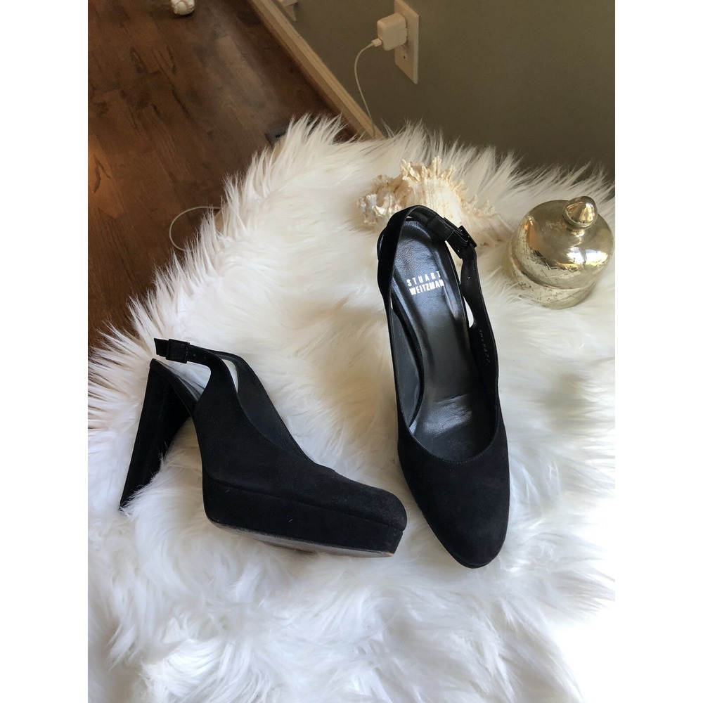 Stuart Weitzman Black Suede Slingback Platform Pumps Heels 7 M 3H49677